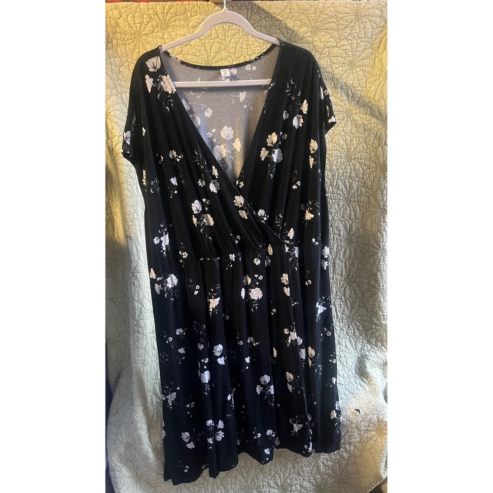 Plus Black Floral Faux Wrap Jersey Knit Dress